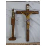Hand Painted Wood Crucifix & Carved Wood Friar