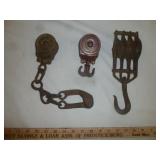 Vintage Steel Triple Pulley Block & Fence Pulleys