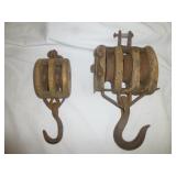 2pc Antique Wood & Cast Iron Pulley Blocks