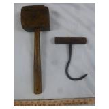 2pc Antique Wood Mallet & Forged Hand Hook