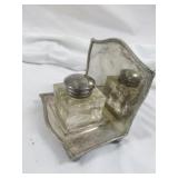 Antique Cut Glass Ink Well & Silver Plate Stand