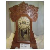 Vintage Oak Gingerbread Pendulum Mantle Clock