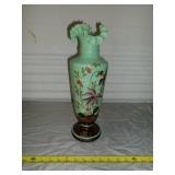 Opaline Cased Green Art Glass Hand Painted Vase
