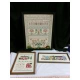 3pc Hand Made Cross Stitch Samplers Scene