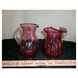 2pc Vintage Cranberry & Clear Art Glass Pitchers