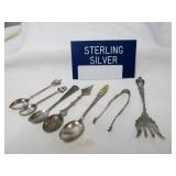 Sterling Silver Souvenir Spoons, Sugar Tongs, Fork