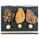 3pc Leather Baseball Gloves & Baseballs