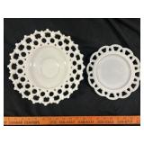 2pc Vintage Milk Glass Reticulated Cake Plates