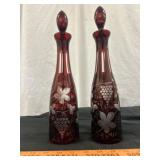 Pair of Bohemian Ruby Red Cut to Clear Decanters