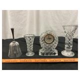 5pc Cut Lead Crystal Desk Clock, Bell, Bud Vases