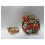 2pc Victorian Red Branch Coral & Gold Fill Brooch