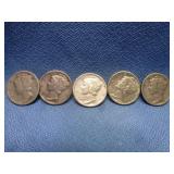 5pc US Silver Mercury Dimes