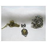 3pc Vintage Brooches - Cameo & Rhinestones