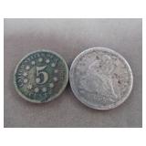 1869 Shield Nickel & 1854 Seated Liberty Quarter