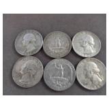 6pc US Silver Washington Quarters 1962 - 1964