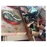 Sewing Supplies Lot with Spools, Buttons, and Singer Attachment