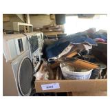 Box Lot with Radio, Fabric, Locks, and More