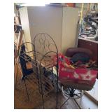 Household Assortment: Metal Cabinet, Plant Stand, Table, and Paint Supplies