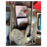 Mixed Lot: Metal Mailbox, Embossed Metal Hanging Fireplace Holders, and Wine Decanter