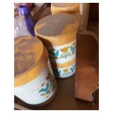 Mixed Lot: Wooden Wall Shelf and Decorated Kitchen Canisters