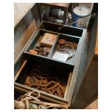 Wooden Tool Chest (may have been livestock showbox) with Assorted Contents