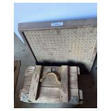 Wooden Box with Contents and Metal Pegboard