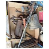 Box Lot of Tools, Blow Torch, and Serving Trays