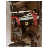 Box Lot of Clamps, Buffing Wheels, Blow Torch and Assorted Tools