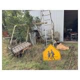 Pile of Assorted Tools and Equipment Including Ladders, Wagon, and More
