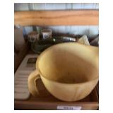 Kitchenware Lot: Mixing Bowl, Green Bowl, Ceramic Planters, and Sink Caddy