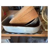 Mixed Lot: Aluminum Pans, Wood Box with Contents, and Fan