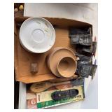 Box Lot: Plates, Cup Saucer Set, VFW Pen Sets, and Kitchen Utensils