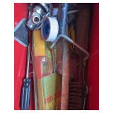 Red Metal Tool Box with Assorted Tools and Items