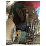 Box Lot of Various Items Including Irons, Gardening Shears, and Tools