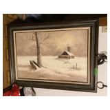 Framed Winter Landscape Oil Painting