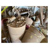Assorted Buckets, Barrels, and Mixed Metal Scrap