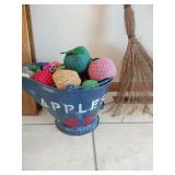 Metal painted coal bucket and contents (fabric apples), whisk broom