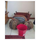 Basket, grapevine pumpkins, red metal bucket, Wallhanging