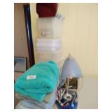 Plastic Shoe Box Storage Containers, Towels, Table Lamp, Hair Dryer, Squeegee