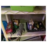 White plastic shelf w/Sanyo TV, paint supplies, more