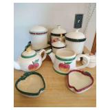 Ceramic Apple Canisters (1 Lid Missing Handle), Tea Pot, Waterer, Cream & Sugar, and Heart Shaped Bowls
