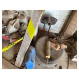 Various Garage and Farm Items Including Power Tools, Metal Barrel, and Assorted Containers