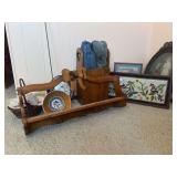 Wooden Coat Rack; Basket, Clock, Decorative Bowl, Embroidered Floral Picture, Forget Me Not Floral Picture; Vintage Couple Pictur