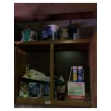Shelf of Assorted Paints, Supplies, and Storage Containers