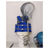 Boating Lot with Life Vest, Bucket, and Fishing Net