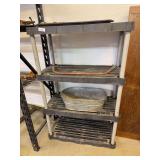 Shelving Unit with Tub, Metal Saw, Gloves, and Tray