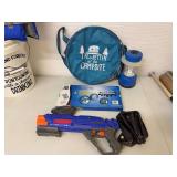 Camping Gear Lot: Bag, Rush Creek Fishing Rod Rack, Shovel, Lantern, Toy