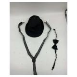 Suspenders, a hat, bowtie