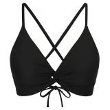 Twist Front Crisscross Back Bikini Top V Neck Self