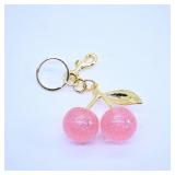 Pink Cherry Keychain with Gold Accents